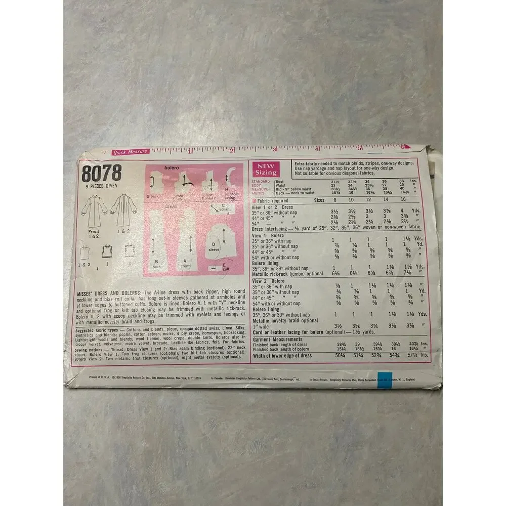 Vintage 60's Simplicity Pattern #8078‎ Misses A-Line Dress with Bolero Size 14